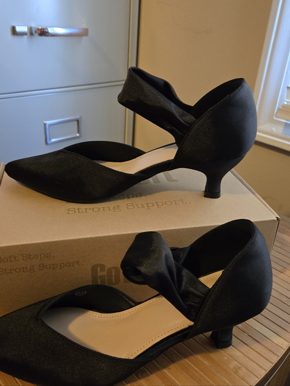 Got Soft Women’s Black Satin And Suede Low Heel Pumps with Ankle Strap, SIZE 8.5
